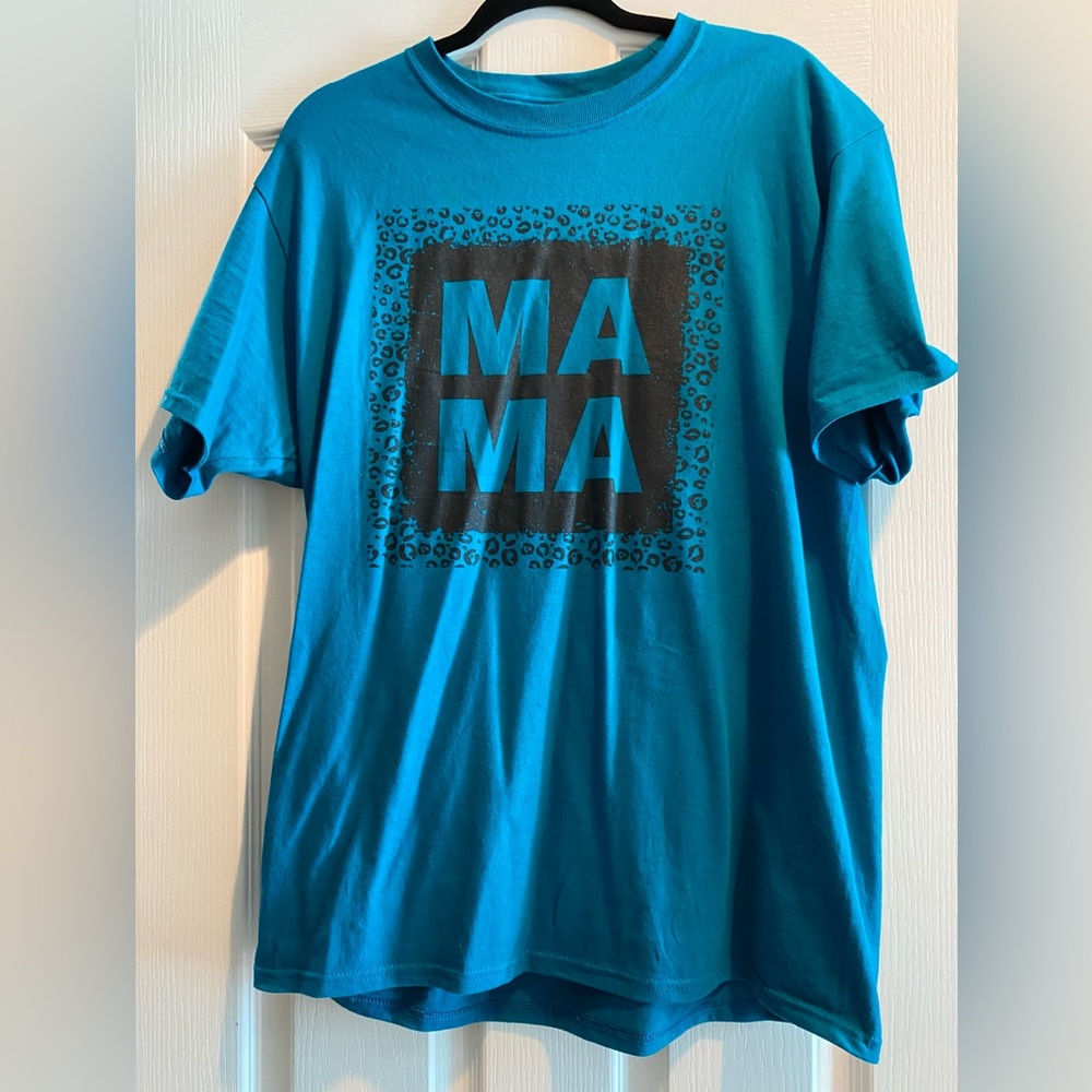 NWOT large Mama teal and leopard tee